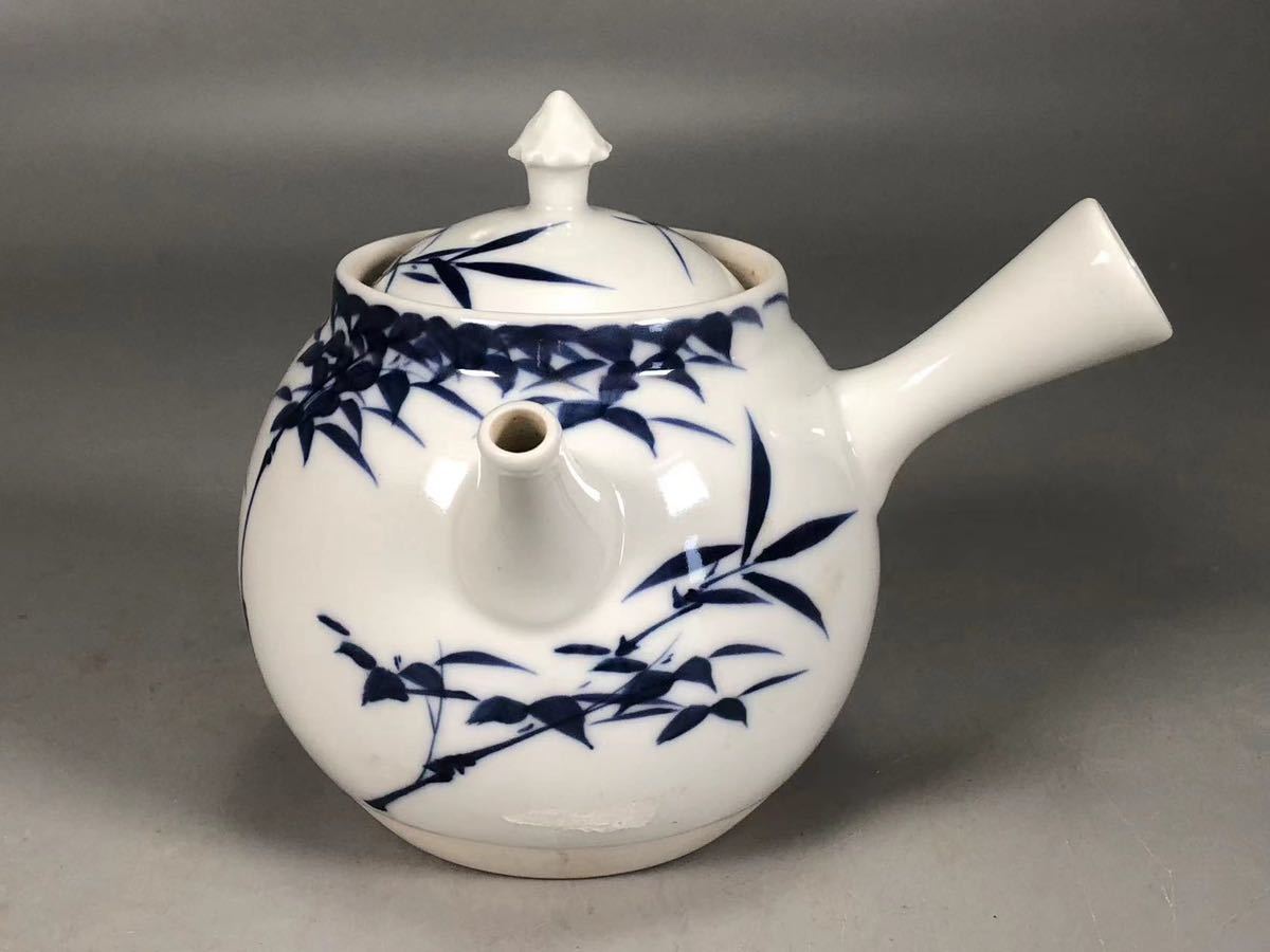K0223 京焼 平安清昌作 染付脩竹図 横手急須 青華 茶道具 煎茶道具 茶