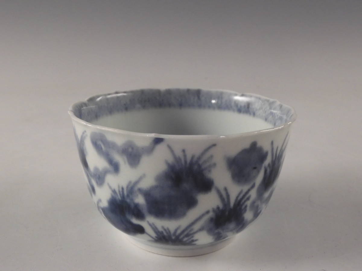 ☆栄☆古伊万里 染付 兎 花草文 輪花 向付 5客 10.5cm 無傷完品 江戸期