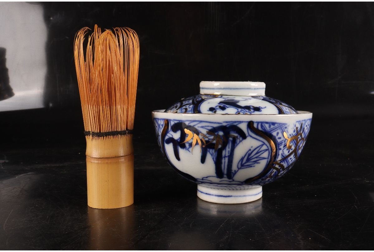 冨貴長春蓋付茶碗錦絵 染付 金彩 古伊万里7客吉祥1客に金継ぎ有り