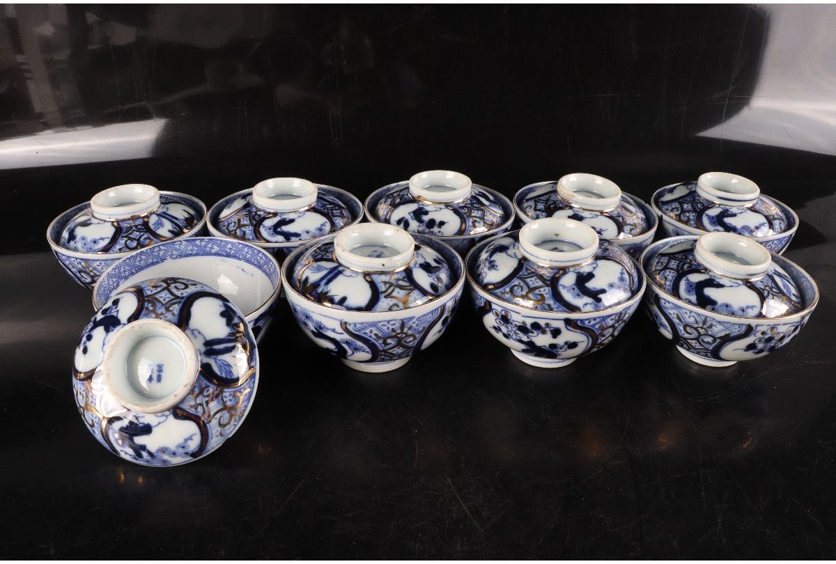 冨貴長春蓋付茶碗錦絵 染付 金彩 古伊万里7客吉祥1客に金継ぎ有り