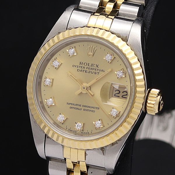 1円 稼働 良品 ロレックス AT 69173 デイトジャスト オイスターパーペチュアル YG×SS ゴールド文字盤 石付 レディース腕時計 8006240SMD