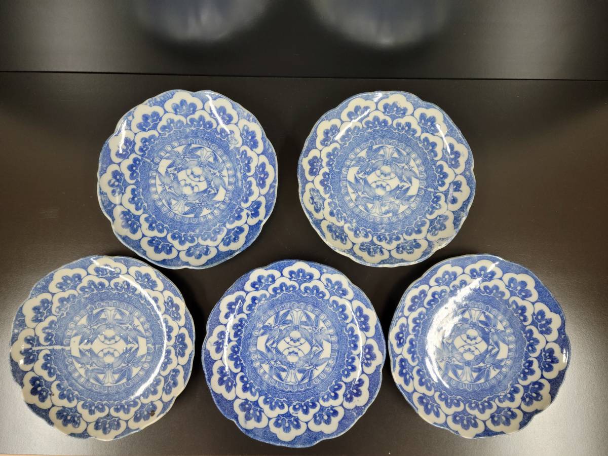 伊万里焼 染錦8寸皿 5枚② 幕末 明治 古伊万里 九谷焼 大聖寺(