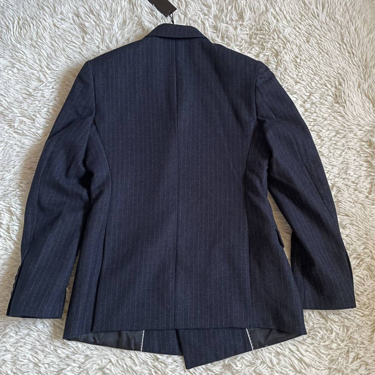 極美品 極上ウール ダブルブレストスーツ× LOUIS VUITTONネクタイ 極美品 ダブルブレスト スーツ M相当 秋冬 ネイビー ストライプ 紺