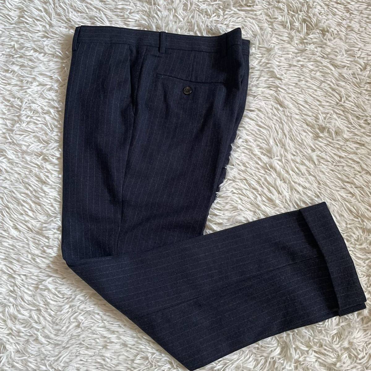 極美品 ダブルブレスト スーツ M相当 秋冬 ネイビー ストライプ 紺