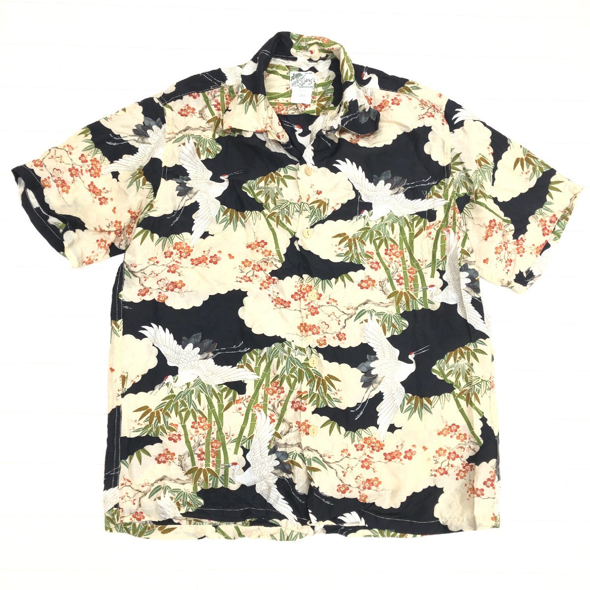 LALAKAI ララカイ シルク100% オリエンタル アロハシャツ XL 和柄 鶴 梅 半袖 特大 大きいサイズ 2L LL 国内正規品 メンズ 紳士