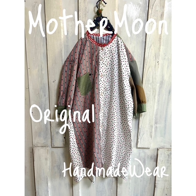 ★ ハンドメイドmathermoon＿handmade★水玉＆ストライプの綿シャツワンピースwafflesm2ichichiptrip