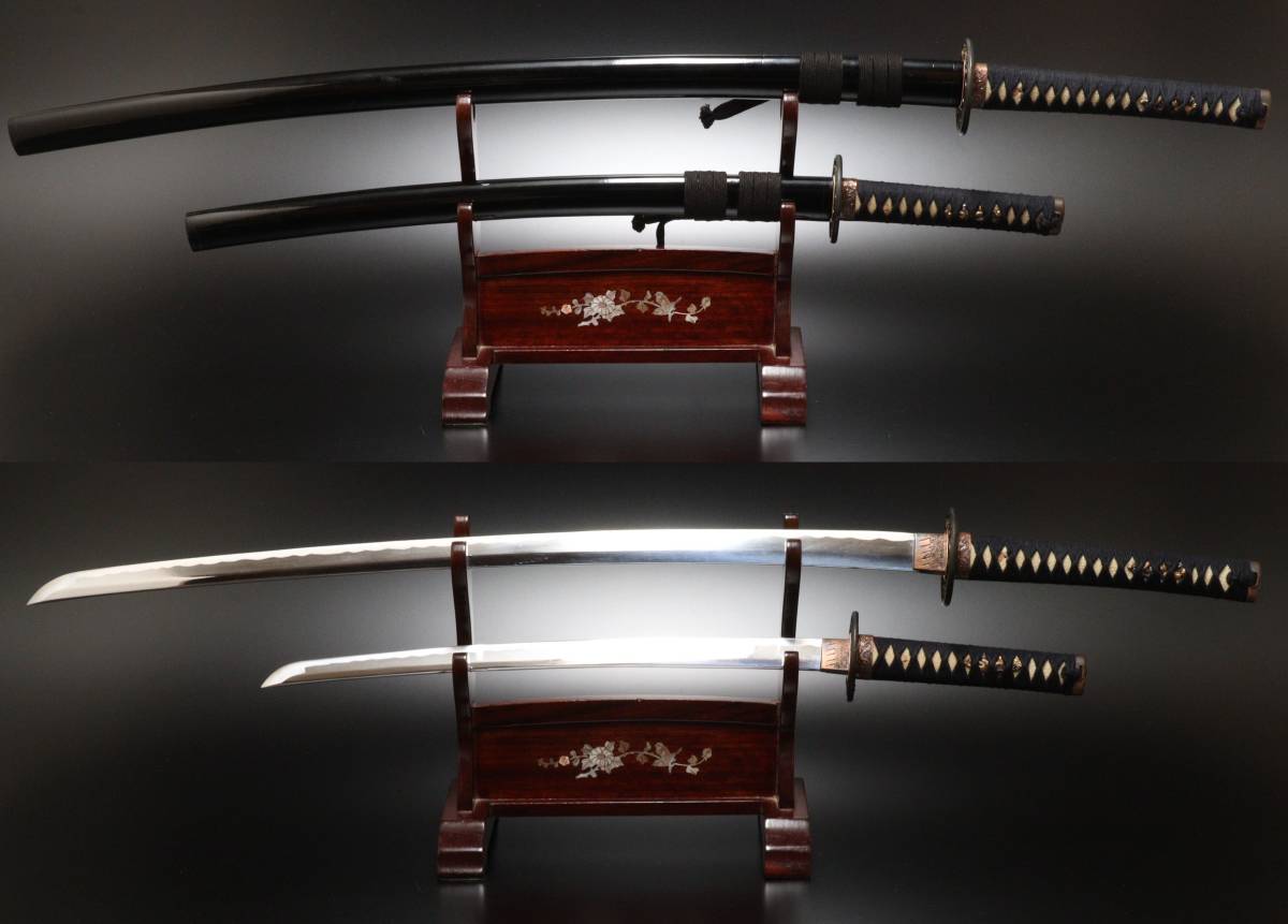 黒鞘 螺鈿細工 龍金具 松鶴図鍔 模造刀 大小 模造刀 黒