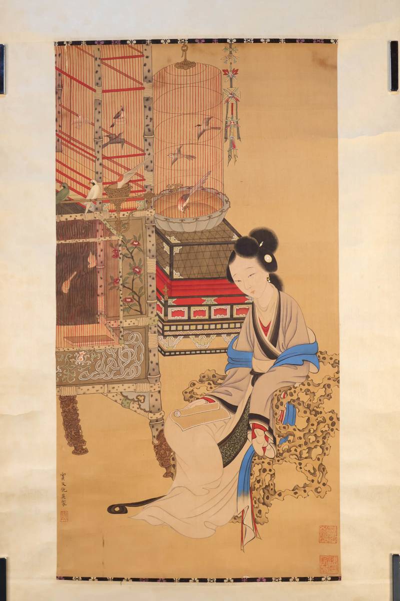 画家 王琴仙 山水画賛 絹本肉筆 状態微妙 清国 清朝末 中国 画家