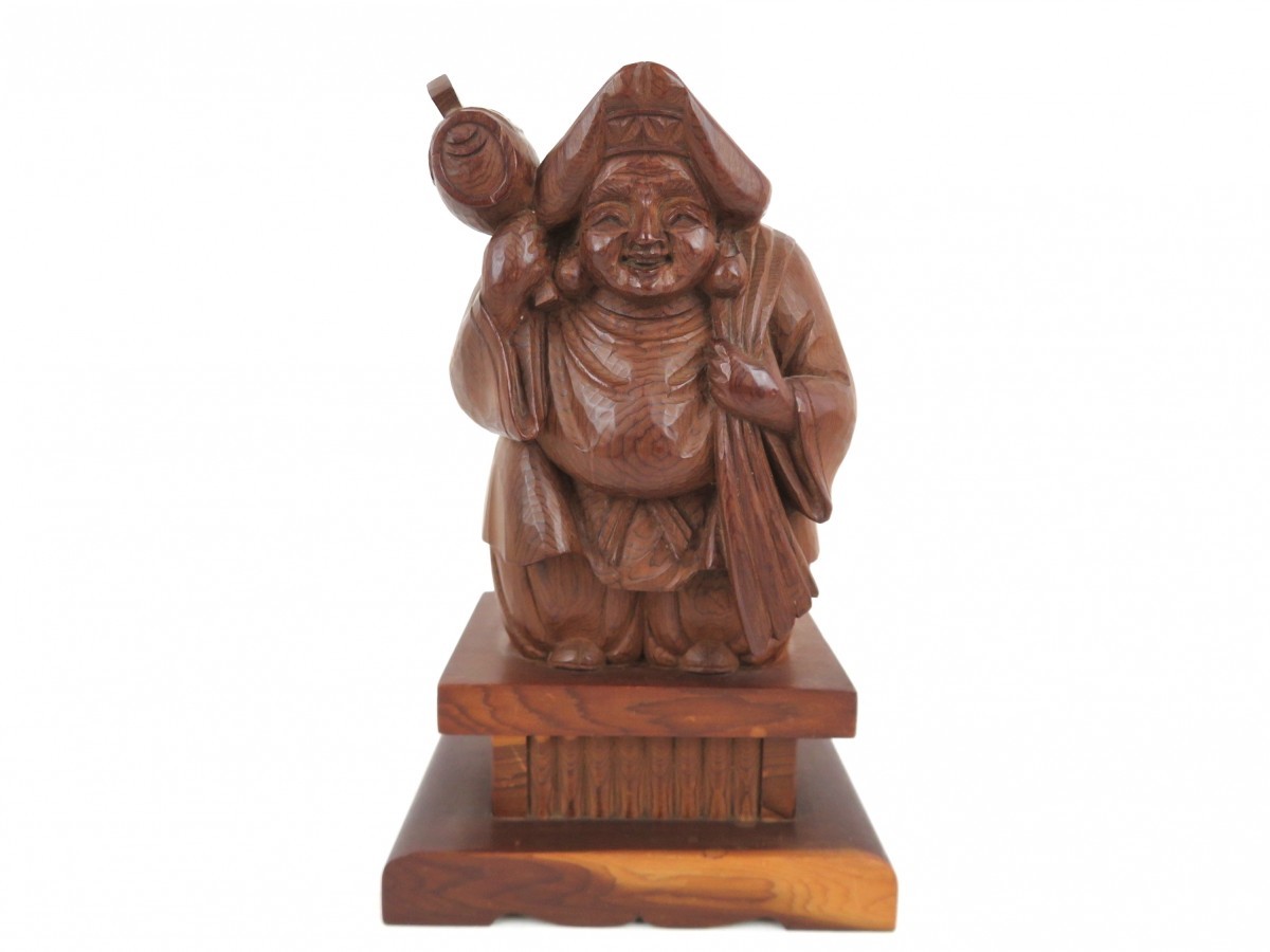 一位一刀彫 大黒天像 直光銘 木彫 一位木彫 古美術 大黒様 仏像 17cm 