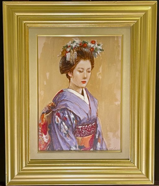真作保証 荒木義太郎「新春の舞妓」美人画 油彩 F4 直筆サイン 額装