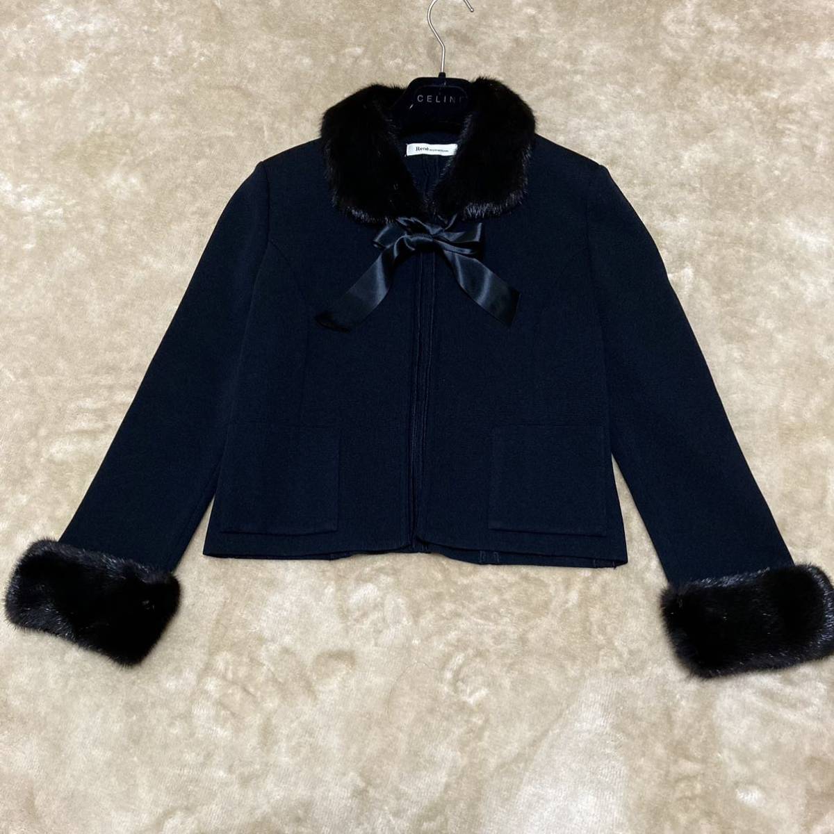 Rene ルネ　ファージャケット　ミンク　黒　ブラック　リボン　ファー取り外し可　ボタン無し　首元フック有り 