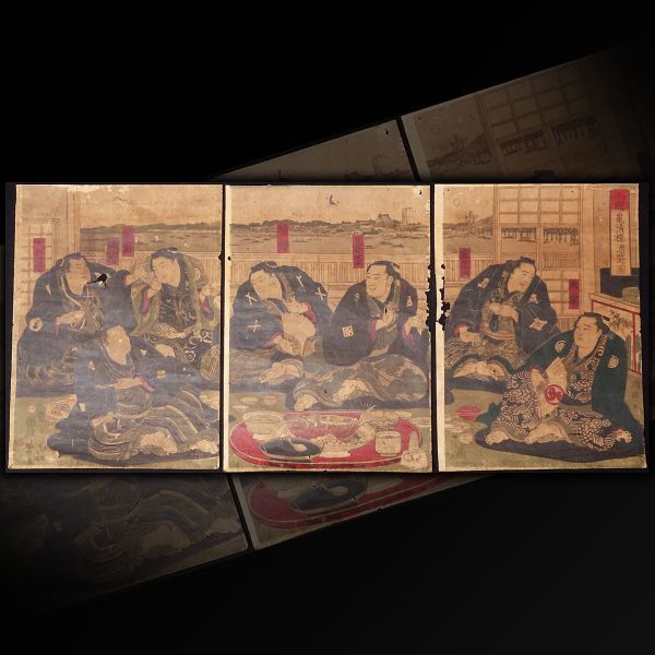 W190. 江戸期【歌川国輝】「両国亀清棲酒盛ノ図」 三枚続 木版画 浮世絵 / 絵画日本画美術品時代