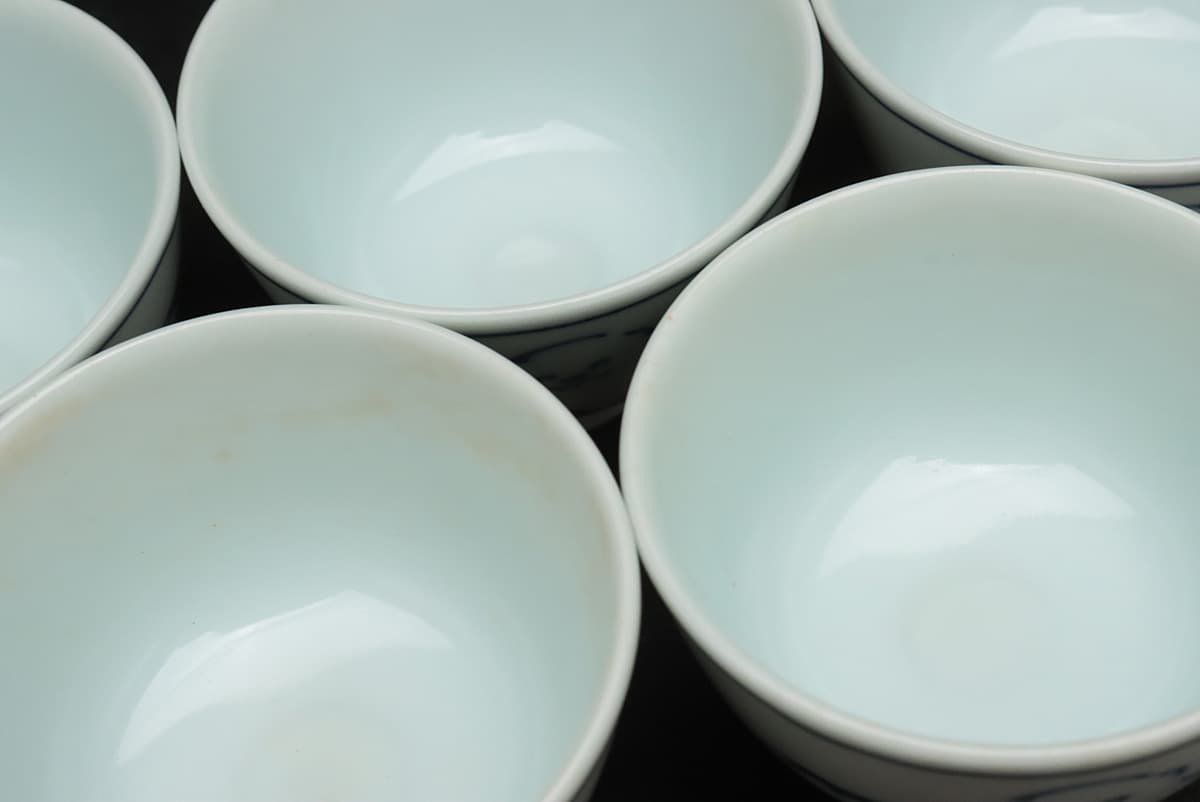 EN191 【三浦竹軒 造】青華 犬図 煎茶碗 五客 口径7cm 共箱附・染付狗