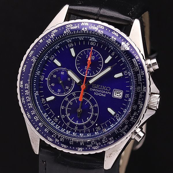 美品 SEIKO 稼働 パイロット クロノグラフ 7T92 メンズ ブルー 時計