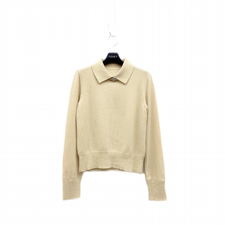 FOXEY フォクシー 襟付ニットトップ シトリン ブローチ カシミヤ イエロー 38 42314-KATOF