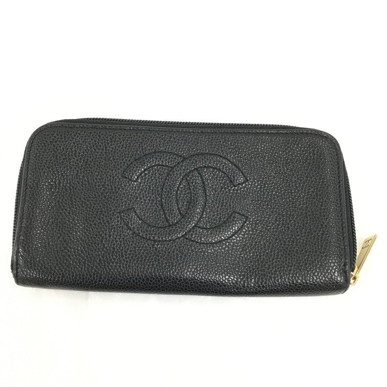chanel シャネル☆カメリア☆キャビアスキン＊長財布＊黒＊箱付きUSED