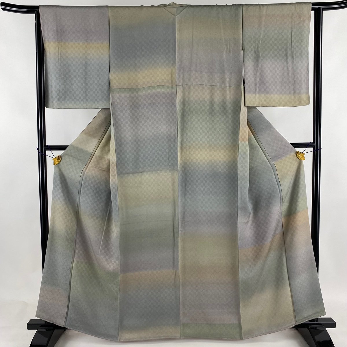 小紋 身丈161.5cm 裄丈63cm S 袷 地紋 段ぼかし 青灰色 正絹 美品 秀品 【中古】