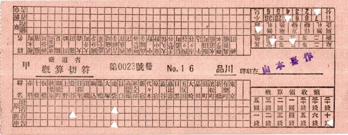 車内補充券 鉄道省概算切符甲第0023號冊No16品川駅駐在某氏印乗越1枚