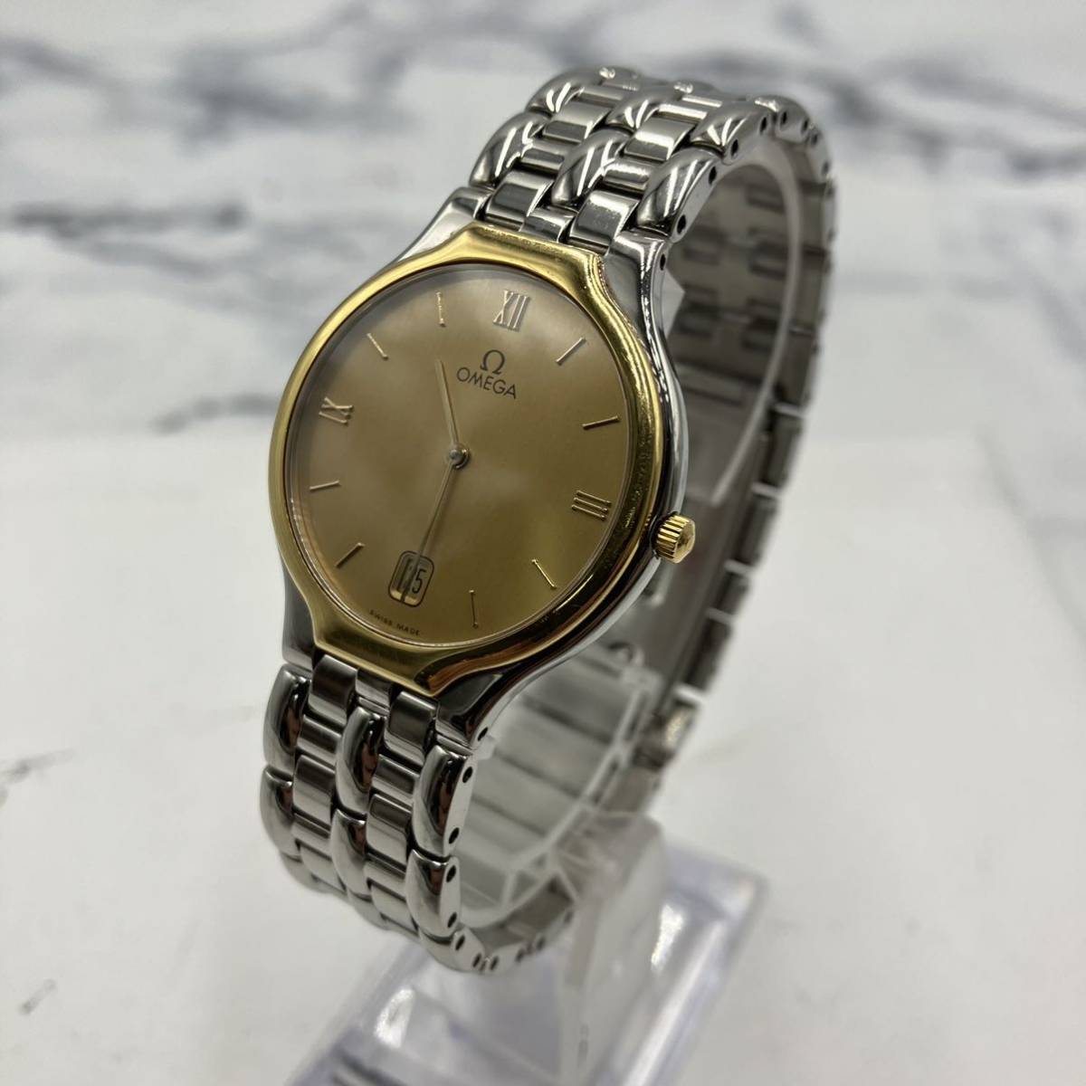 ♪【売り切り】そこそこ美品OMEGA オメガ De Villeデヴィル デビル メンズ クォーツ SS ゴールド文字盤 ゴールドカラーベゼル デイト 