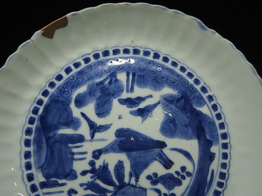 古伊万里 染付 花蝶図八角輪花大皿 特大38.7㎝ 飾皿 時代物 古美術 骨董品 古染付 染付 皿 輪花皿 骨董品 古伊万里 染付 花