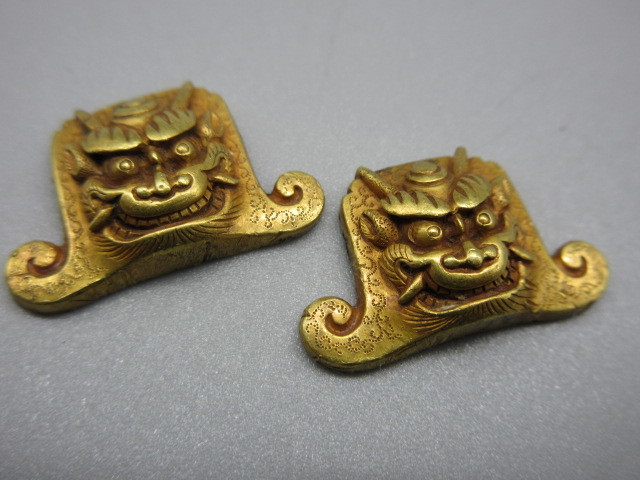 金製? 武具 目貫【鬼面図 目貫 細密彫刻】重量 10.3g 刀装具 