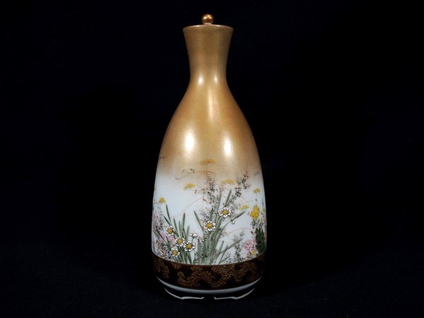 明治期/九谷焼 清閑堂/金彩色絵細密花草文蓋付徳利/酒器/骨董/古美術/美術品/時代物