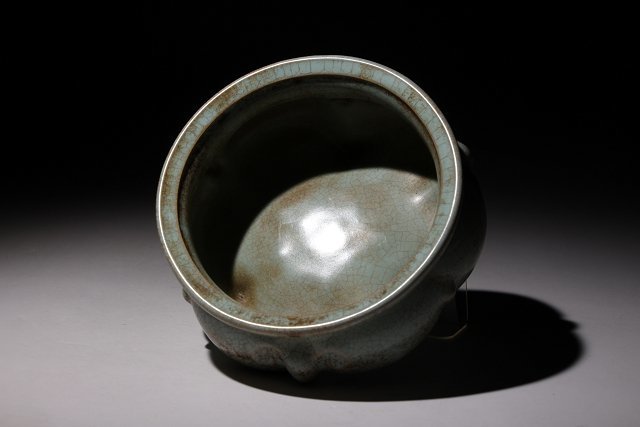 博物館展示品 来歴有 1359 宋時代 汝窯三足香炉 幅約15cm (検)青磁 香