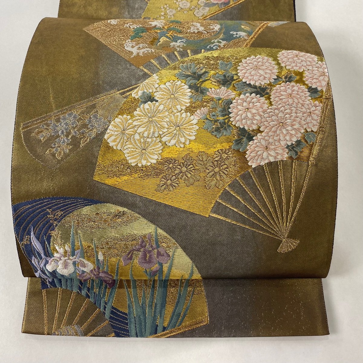 袋帯 美品 名品 落款 証紙 じゅらく 扇 草花 金銀糸 箔 金色 六通 正絹 【
