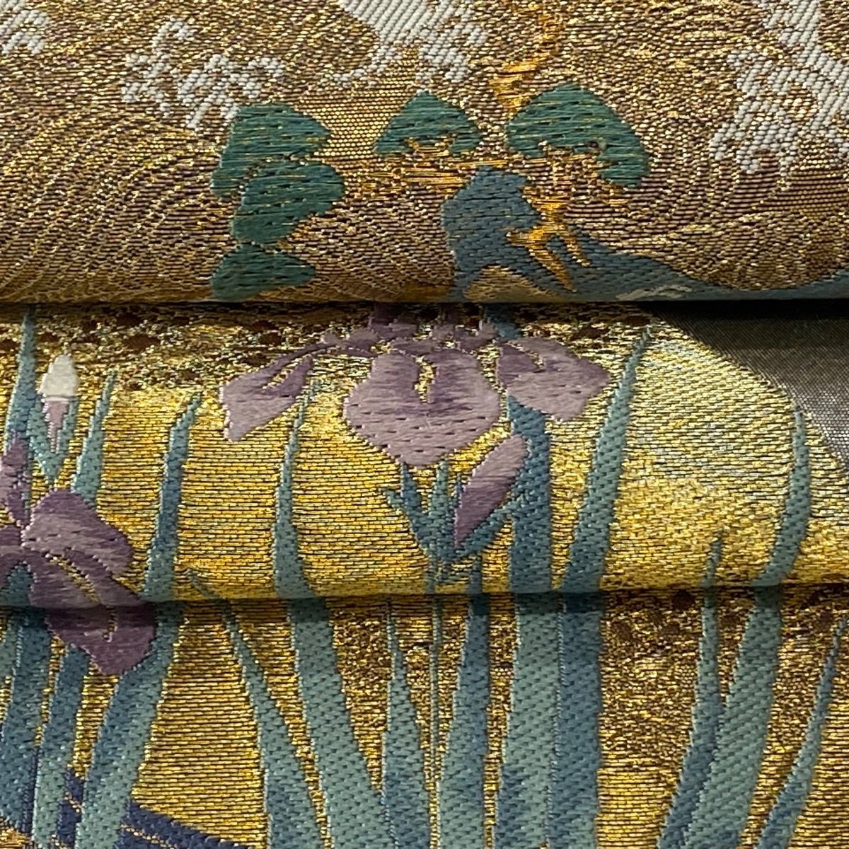 袋帯 美品 名品 落款 証紙 じゅらく 扇 草花 金銀糸 箔 金色 六通 正絹 【