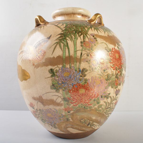 京薩摩焼 野々村仁清作 色絵金彩 鳥花文 四耳壷 茶壷 時代