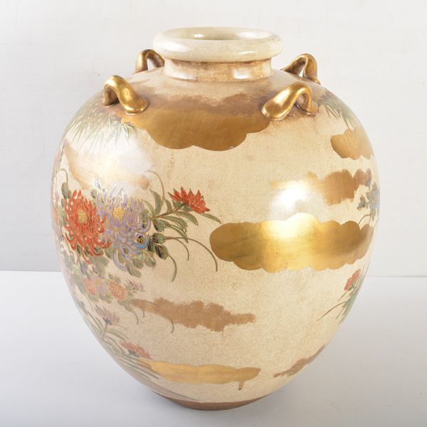 京薩摩焼 野々村仁清作 色絵金彩 鳥花文 四耳壷 茶壷 時代