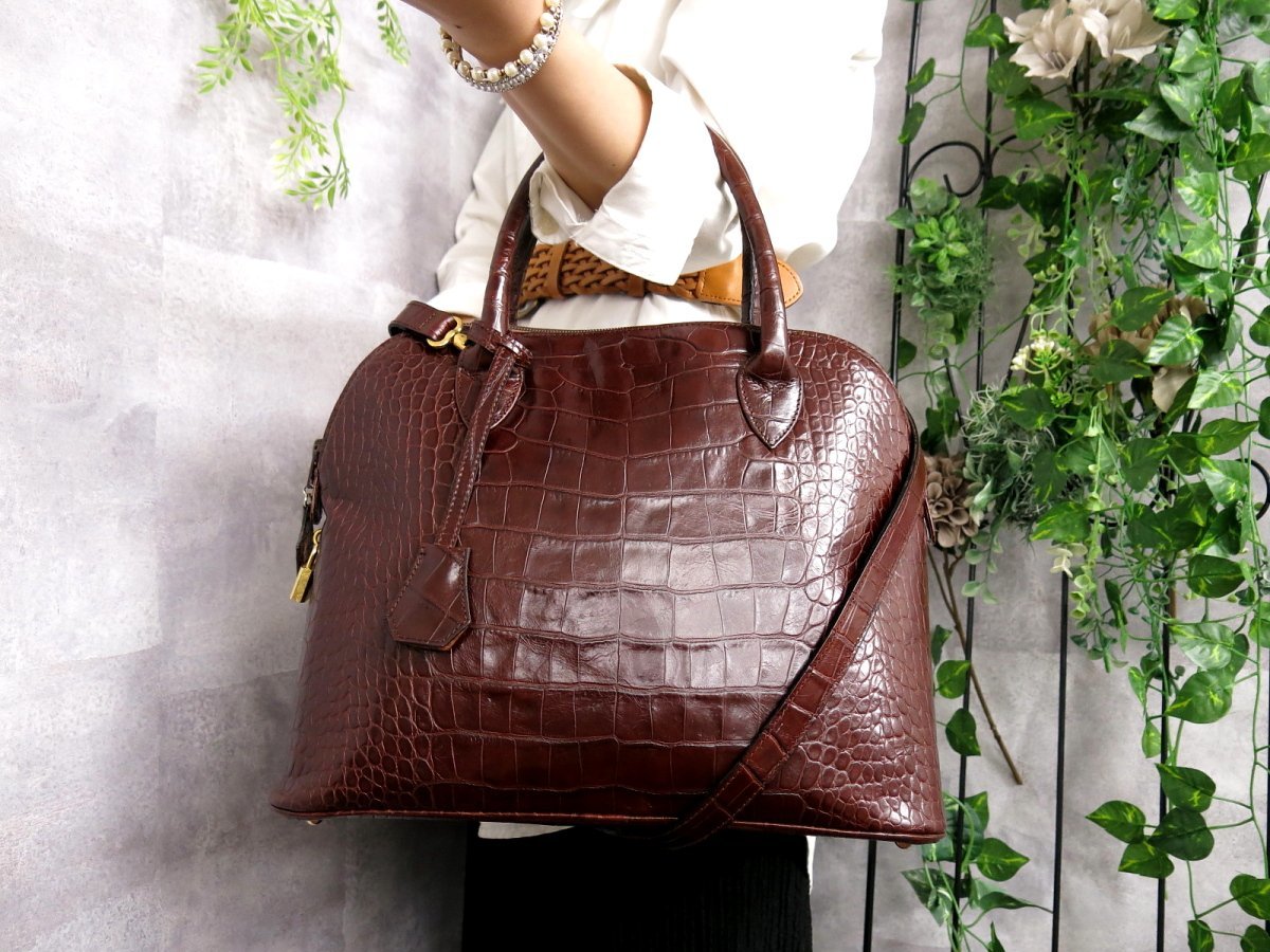●超美品●BALLY バリー●クロコダイル 型押し レザー 本革●2way ショルダー ハンド バッグ●こげ茶●G金具●斜め掛け●A4 書類●Js40467
