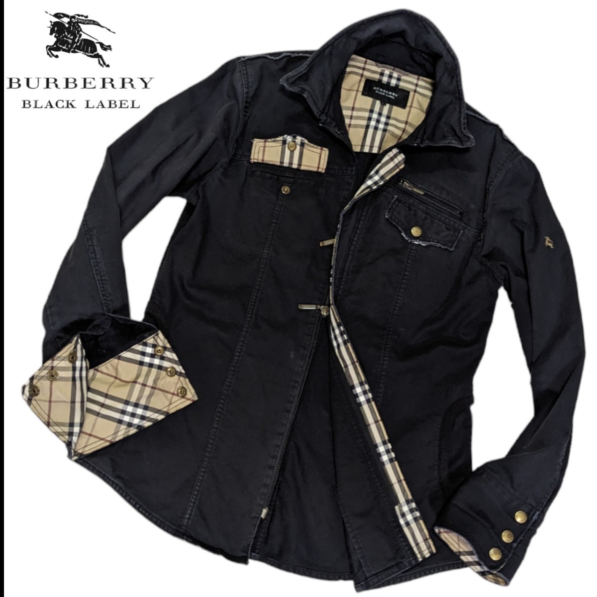 【希少Lサイズ】バーバリー ブラックレーベル ミリタリー ジャケット ホース刺繍 ダメージ加工 BURBERRY BLACK LABEL ジャケット ブルゾン