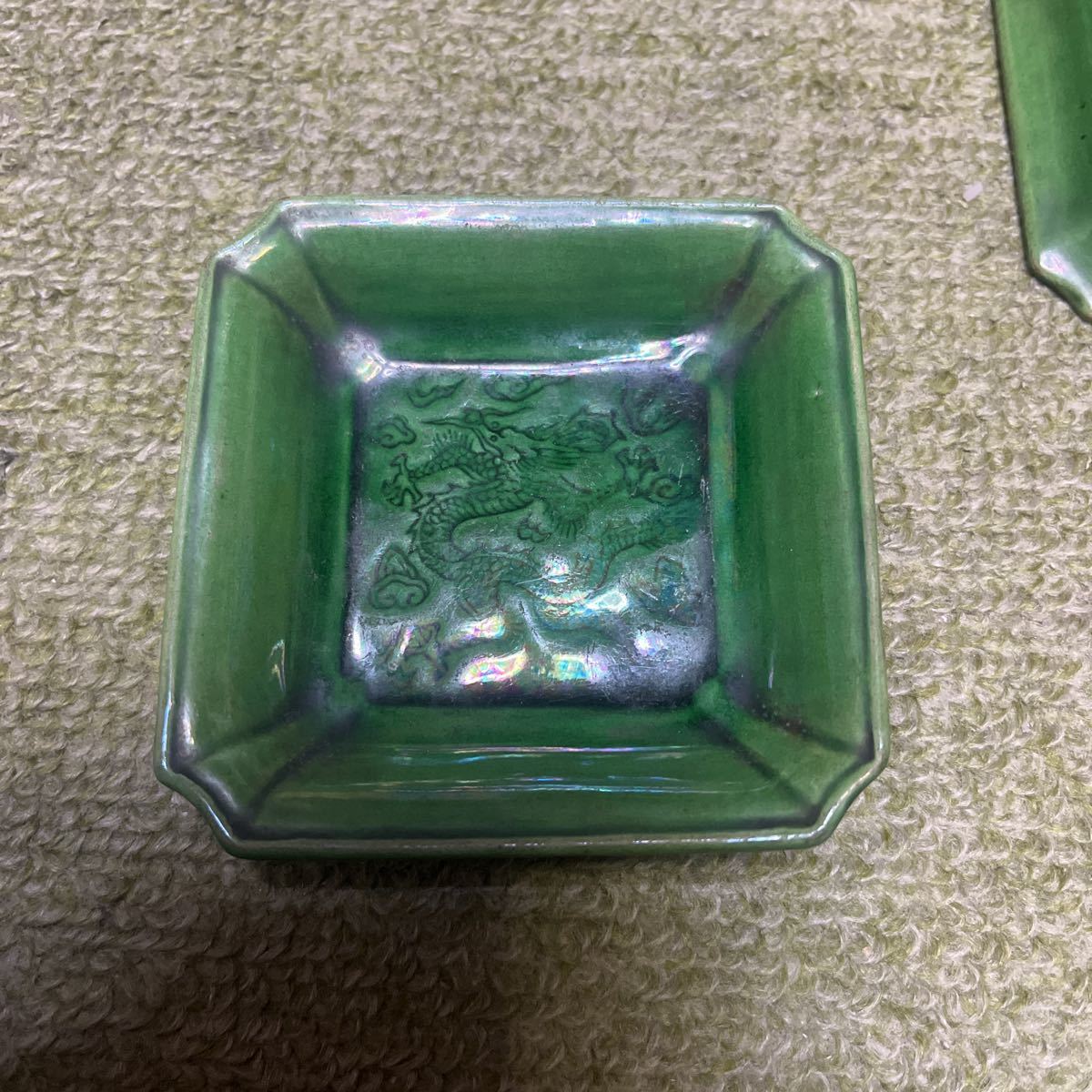珉平焼 緑釉 雲龍文角型小皿 5枚 珉平焼 小皿