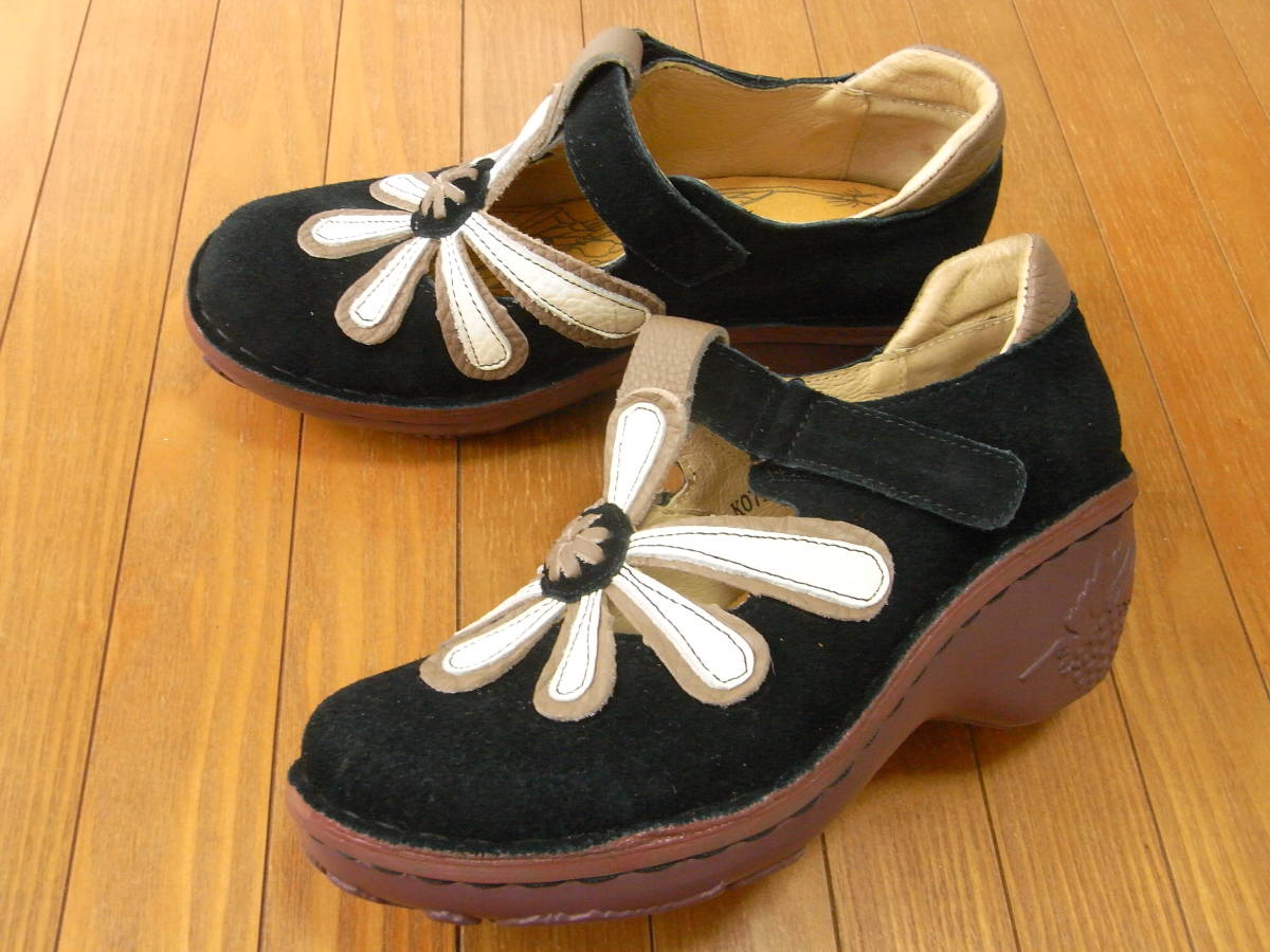 Estacion エスタシオン 本革 レザー 厚底 パンプス レザーシューズ ベルクロ 花柄 M 23.5cm 黒 ブラック