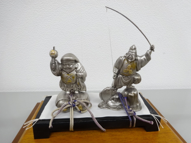 総重量 1.21kg 純銀製 恵比寿 大黒 ケース付 置物 骨董 古美術