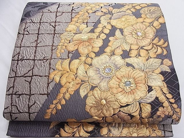 袋帯 美品 名品 草花 箔 螺鈿箔 金色 お太鼓柄 正絹 【中古】 【公式通販】