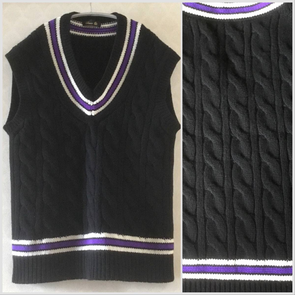 ★ドゥロワーDrawer ニットベスト　Ｆ ウール73カシミヤ27 チルデンケーブル　黒　ローゲージ