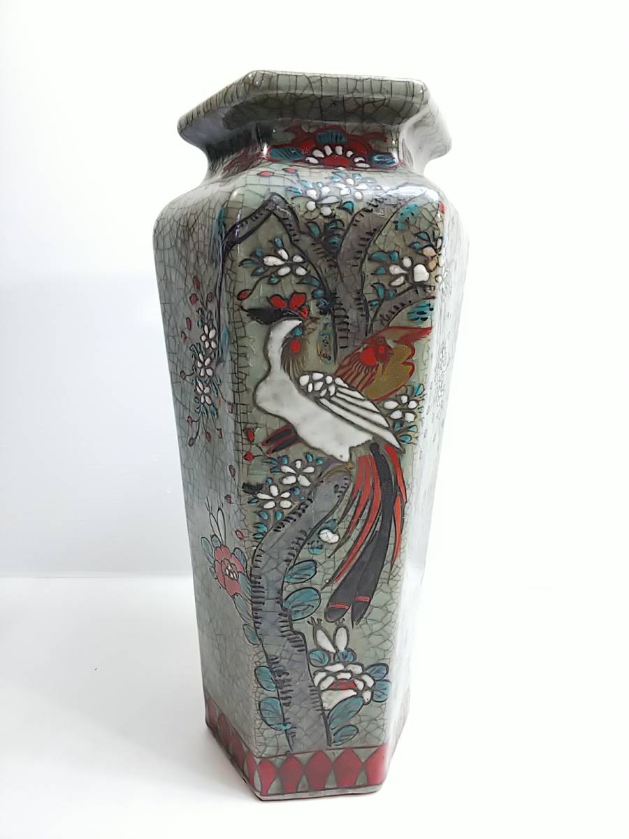 806 時代物陶器 骨董品 詳細不明 珍品 貫入青磁 青磁色絵花瓶 古い花瓶
