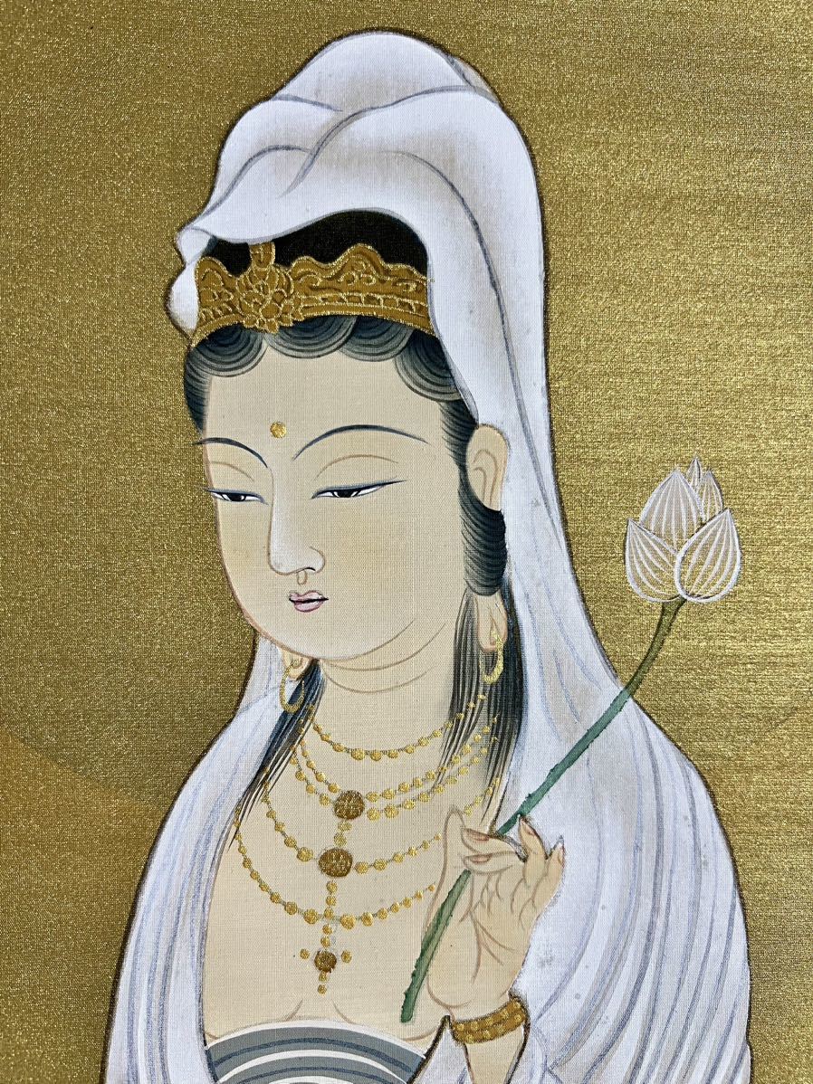 真作] [絵画] 国井幸雪「白衣観音」金絹本 肉筆 共箱 タトウ 大幅 金泥