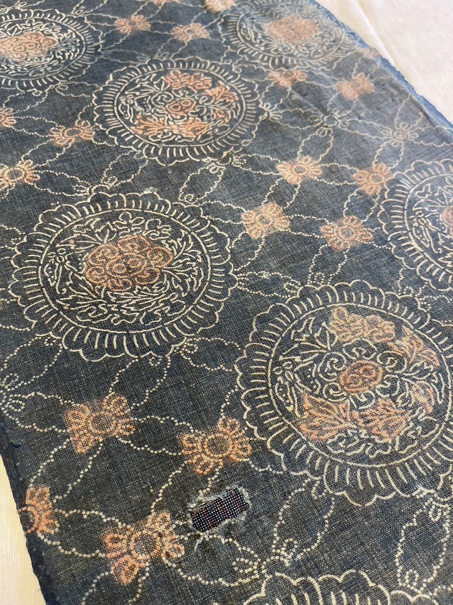 型染め 朱入り172㎝×32㎝ 木綿 藍染め 古布 時代裂 時代布 リメイク レトロ レア アンティーク着物帯 型染 赤