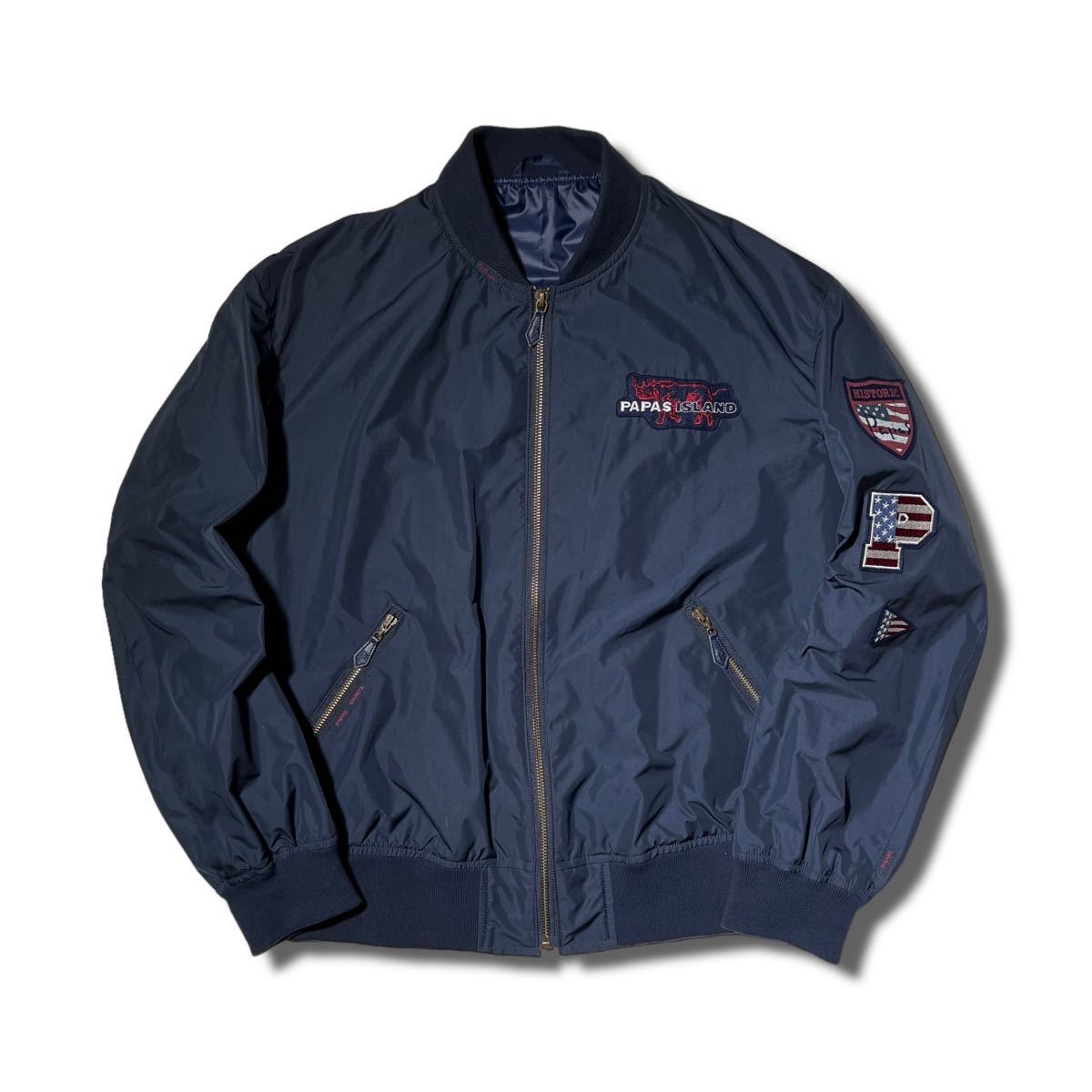 美品 Papas Island ワッペン ロゴ プリント ナイロン ブルゾン ジャケット ネイビー 46 S パパス アイランド