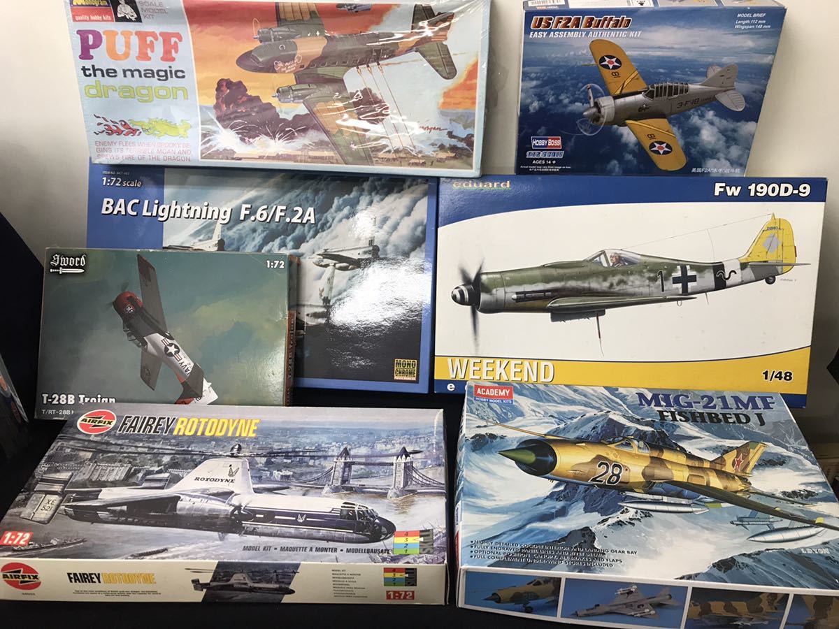 ●戦闘機プラモデル7点セット『BAC Lightning、Fw 190D-9、トロージャン、PUFF、F2A Buffalo、FAIREY ROTDDYNE、MIG-21MF』