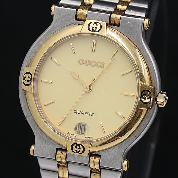 1円 グッチ 9000M QZ ゴールド文字盤 デイト メンズ腕時計 KTR 0066000