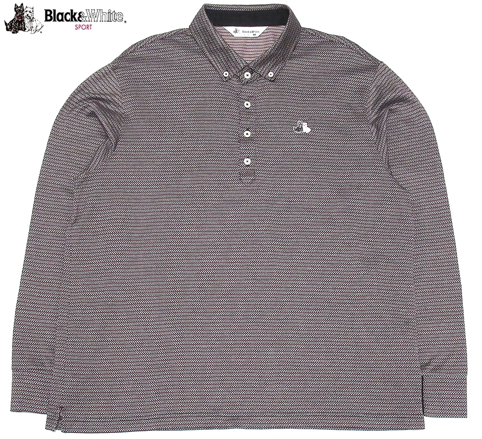 定価￥27，500 極美品 Black＆White ブラック＆ホワイト ゴルフ テリア刺繍 織柄 ジャガード ボタンダウン 長袖ポロシャツ LL 日本製 メンズ
