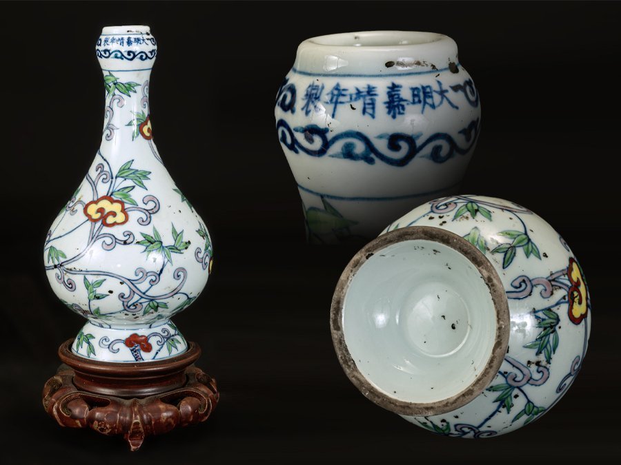 ○大明嘉靖年製 款 中国 斗彩 蒜頭瓶 壺 花瓶 中国美術○
