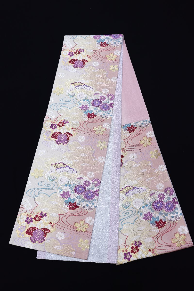 cherry★y0033hl★振袖コレクション★振袖用袋帯★着用可★正絹 袋帯★クリームxピンク系★振袖 卒業式 結婚式 前撮り 記念【中古/正絹】