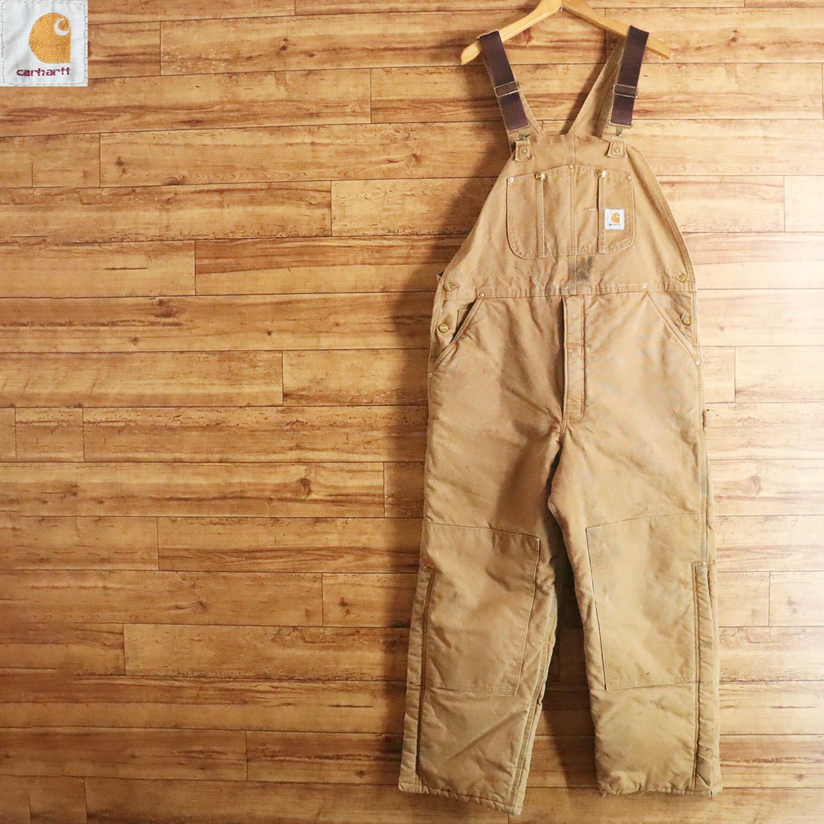 J8J/Y4.21-2　90s　アメリカ製　Carhartt　カーハート　ダック地　オーバーオール　ワークパンツ　中綿　40×30　ベージュ　アメリカ古着