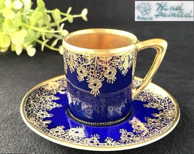 オールドノリタケ 初期 メイプル刻印 金塗潰 コバルト 金彩レース紋様