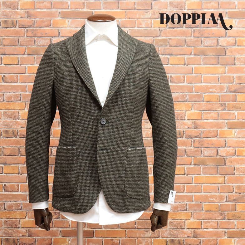 1円/秋冬/DOPPIAA/46サイズ/イタリー製ジャケット 暖か ウール ツイード チェック柄 レトロ クラシコ アンコン 新品/カーキ/he376/